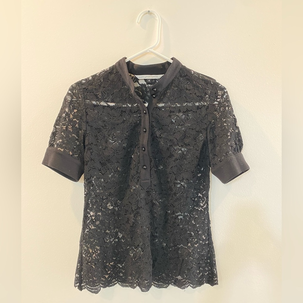 Diane Von Furstenberg Sexy Black Lace Short Sleeve Button Top